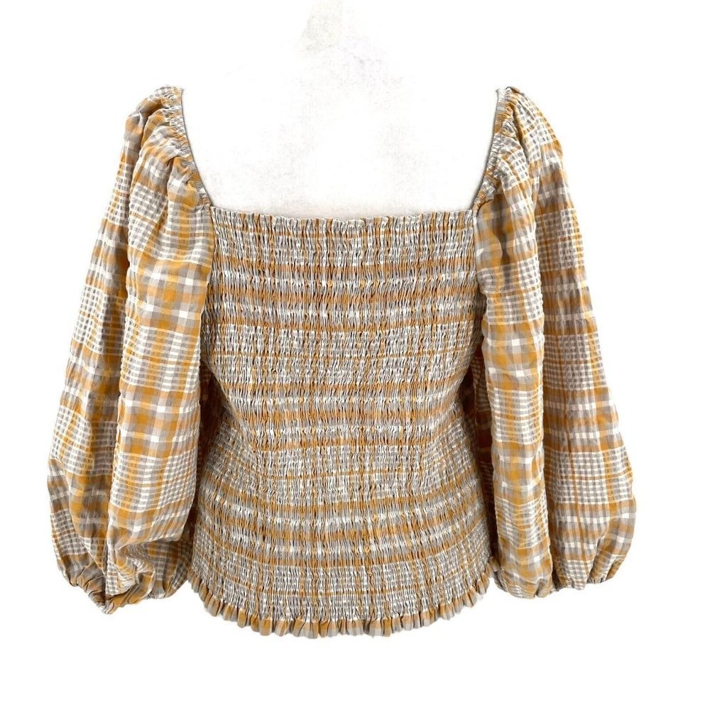 Anthropologie Maeve Plaid Square-Neck Smocked Puff Sleeve Boho Blouse size XL - Picture 5 of 8